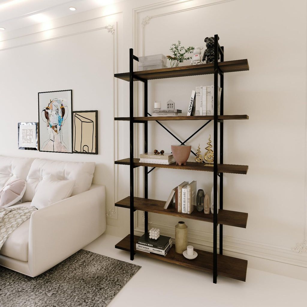 5 Tiers Rustic Brown and Metal Bookshelf B804613