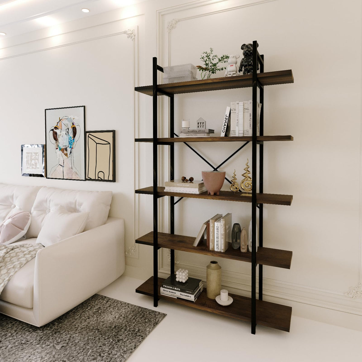 5 Tiers Rustic Brown and Metal Bookshelf B804613