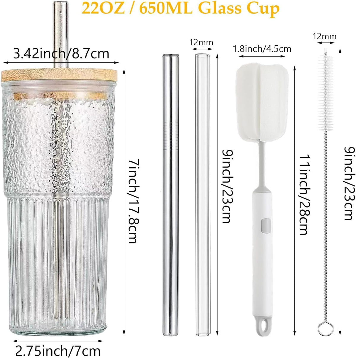 22oz Glass Cups Set with Bamboo Lids and Straws N165344
