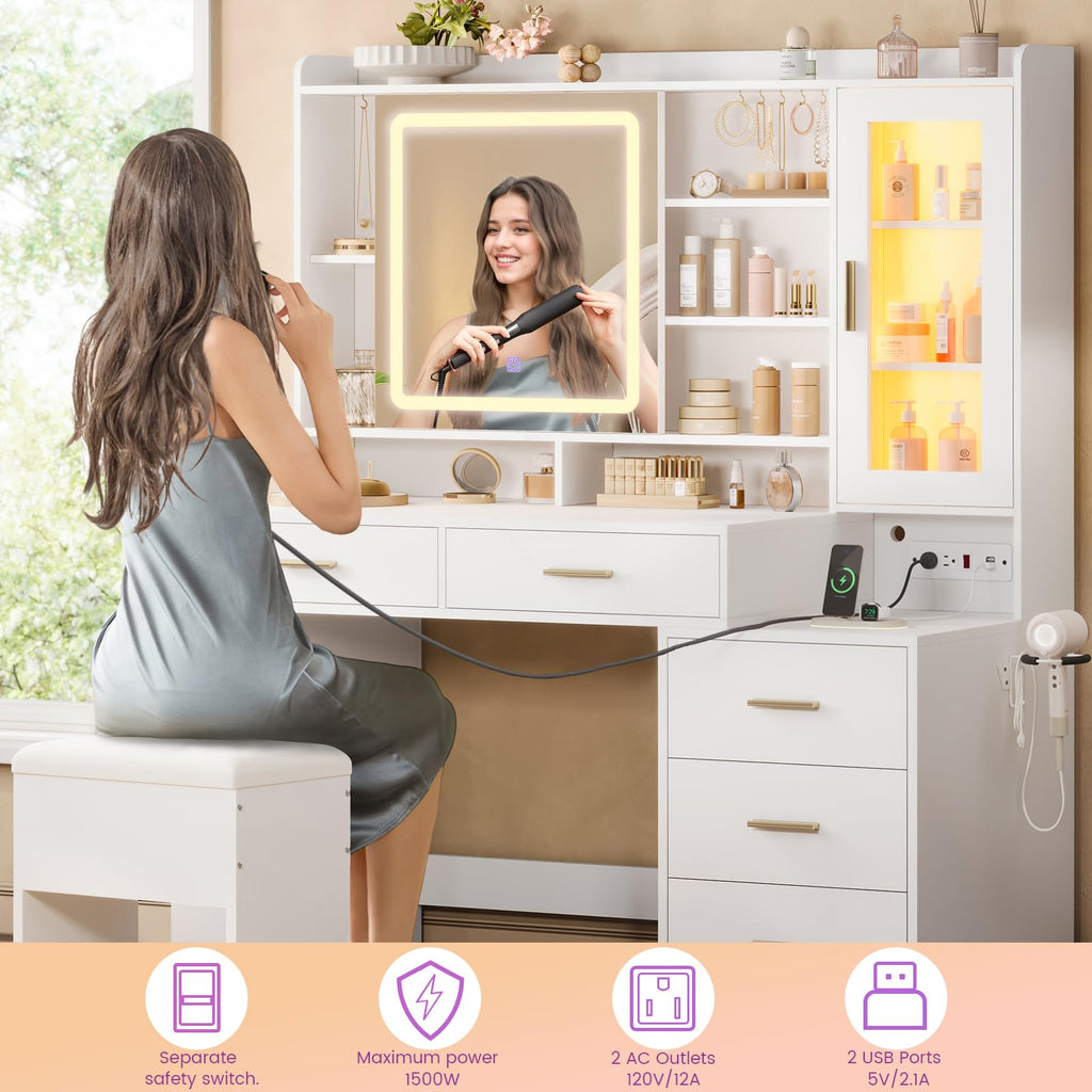 White Makeup Vanity Desk with Sliding LED Lighted Mirror F145660