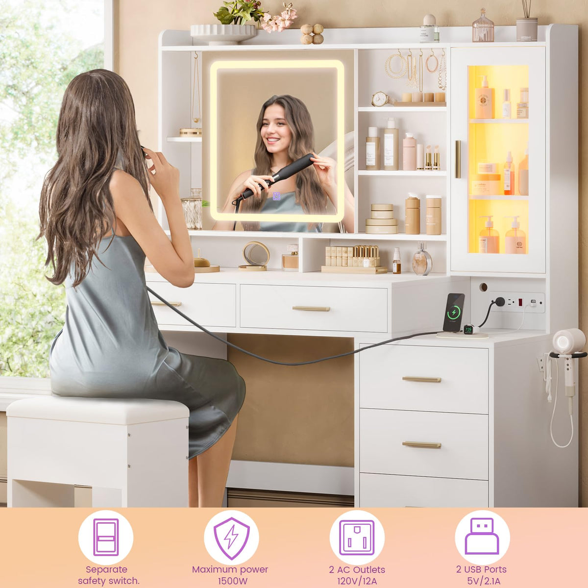 White Makeup Vanity Desk with Sliding LED Lighted Mirror F145660