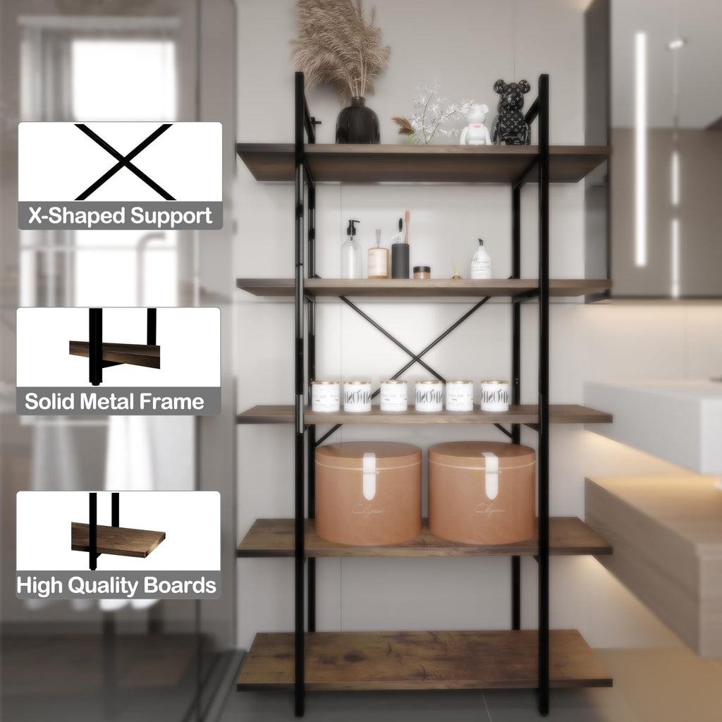 5 Tiers Rustic Brown and Metal Bookshelf B804613
