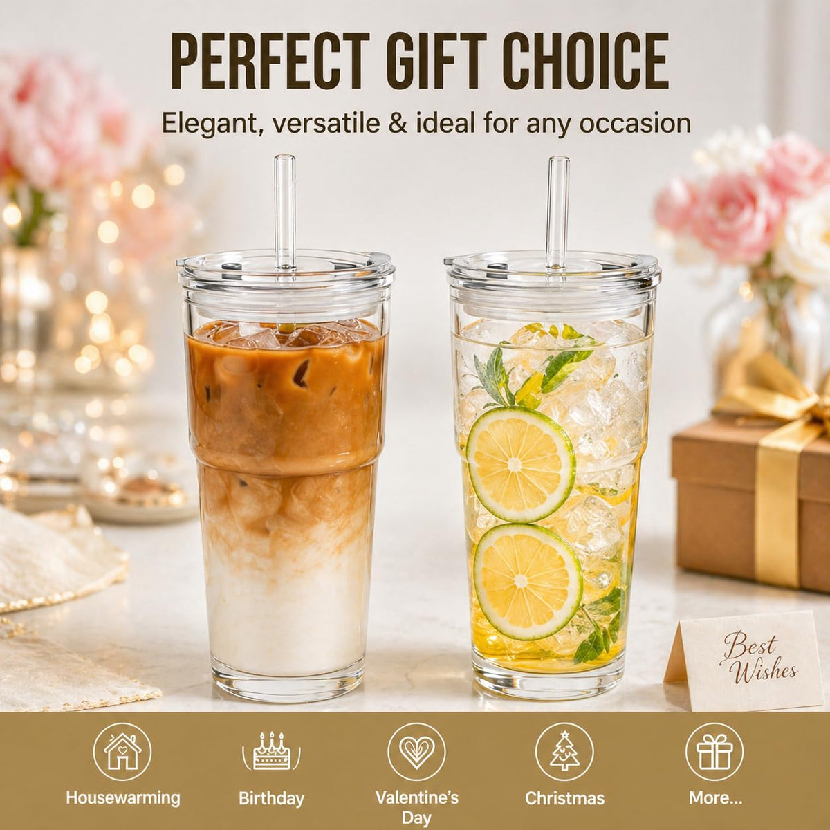 20oz Clear Glass Tumbler with Lid and Straws, Set of 2 Z7685