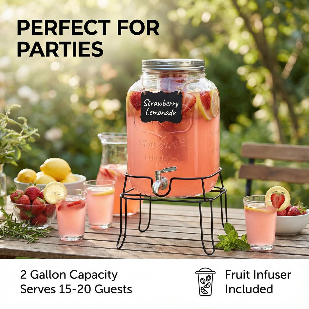 2 Gallon Glass Drink Dispenser with Stand V7562