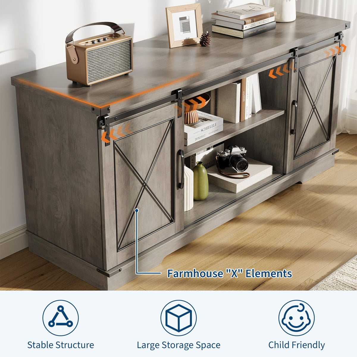 Farmhouse TV Stand 65+ inch with Sliding Barn Doors and Storage Cabinets C537