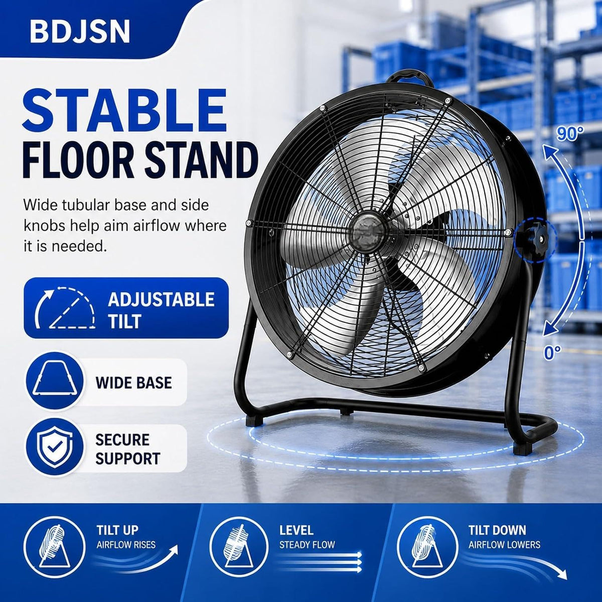 Industrial Drum Fan, High Velocity Air Circulator with 5 Aluminium Blades, 3-Speed Adjustable Tilt Metal Floor Fan T484