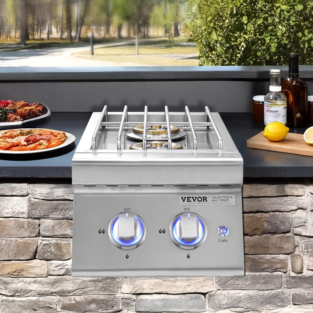 Double Side Burners, 2 x 17,000BTU Liquid Propane, Convertible to Natural Gas, 304 Stainless Steel Built-in G716