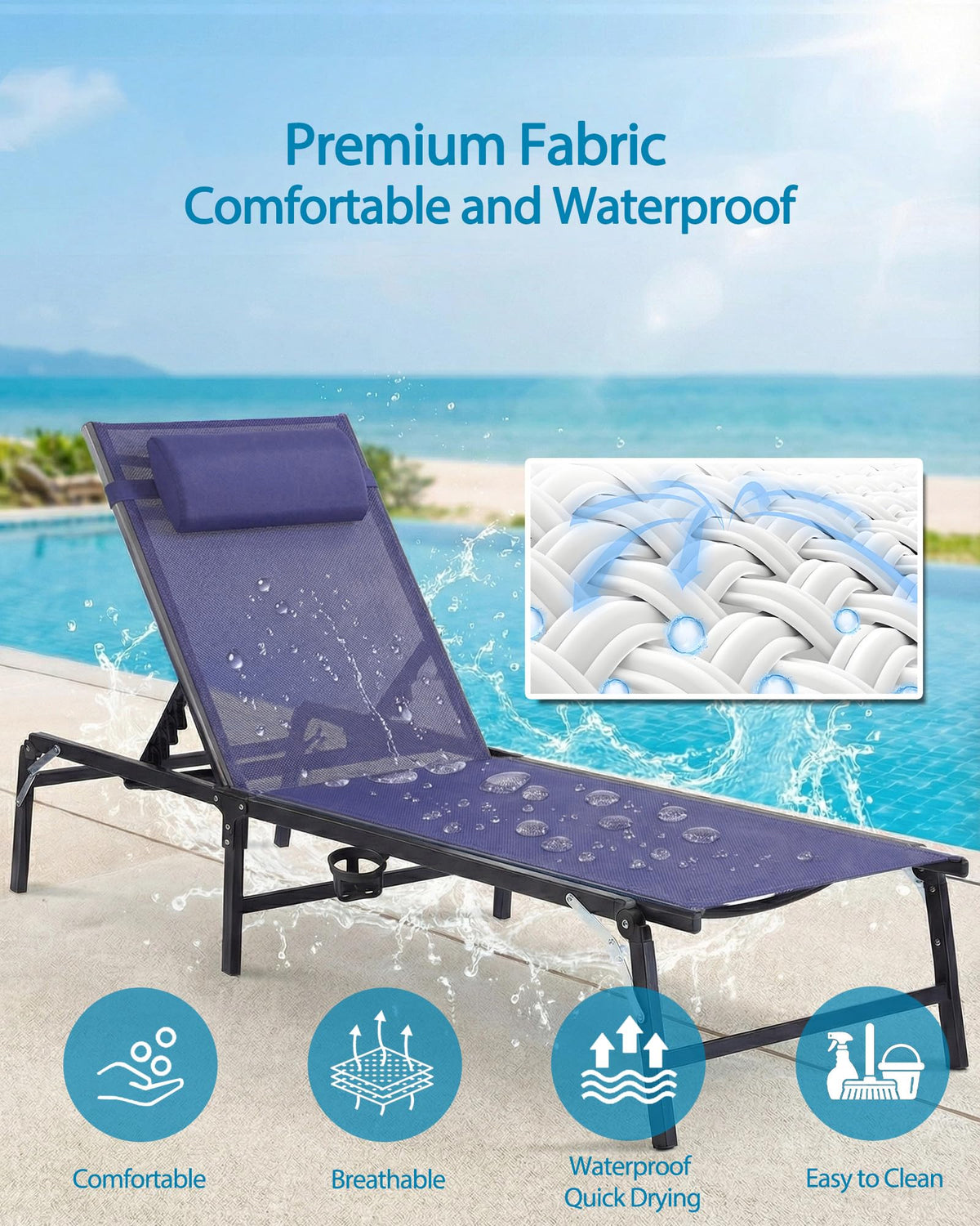 2 Pack Blue Foldable Chaise Lounge Chair with Cup Holder and Pillow R39746