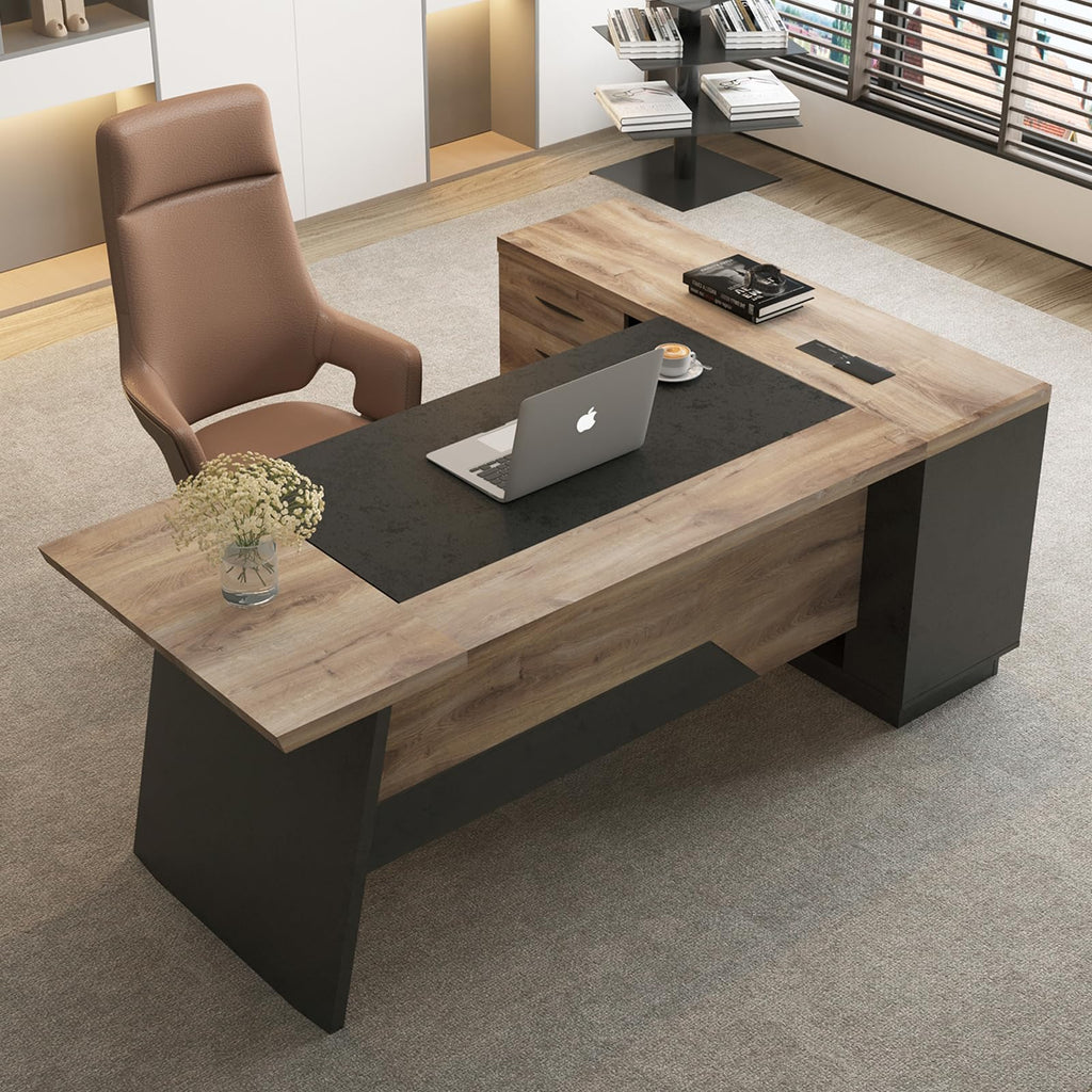 Black and Wood L Shape Executive Desk with Drawers and Shelves O2530