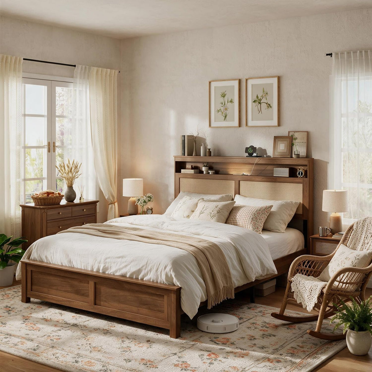 Brown Queen Wood Bed Frame with Storage Headboard O323