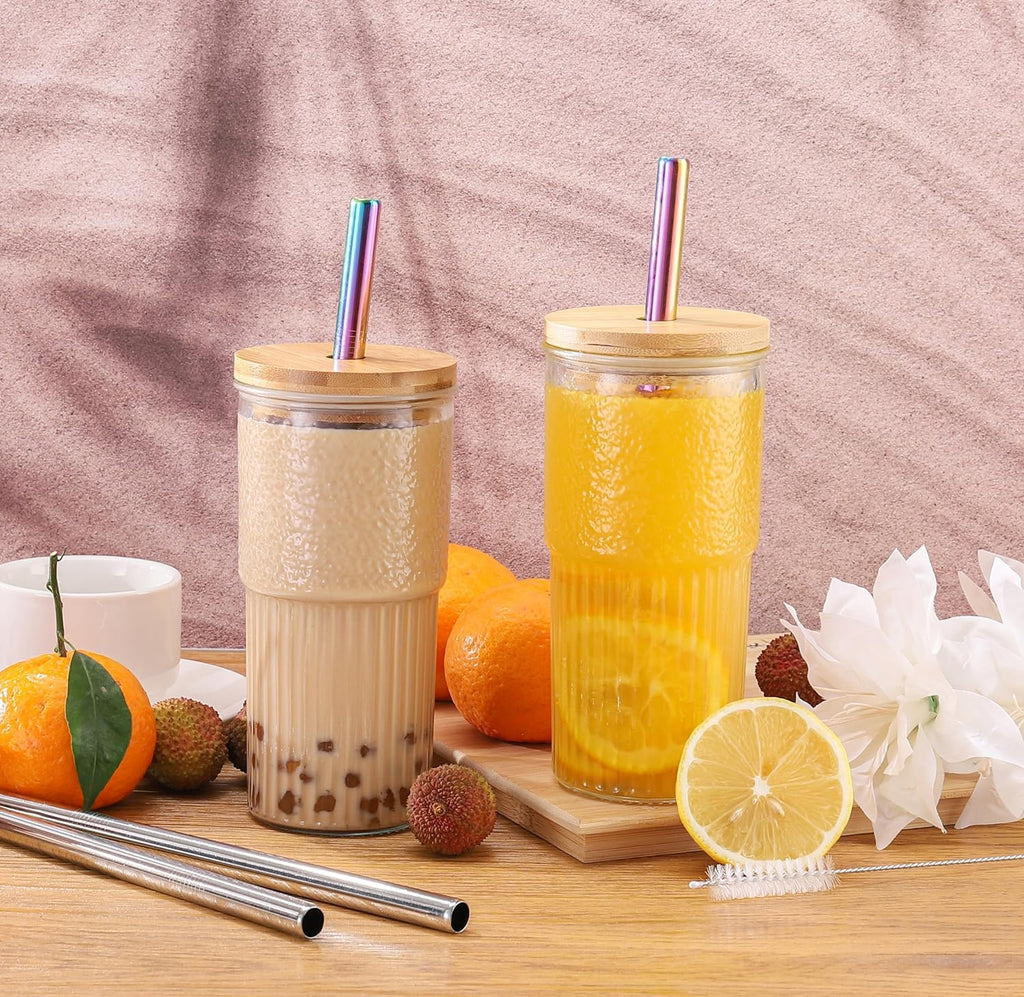 22oz Glass Cups Set with Bamboo Lids and Straws N165344