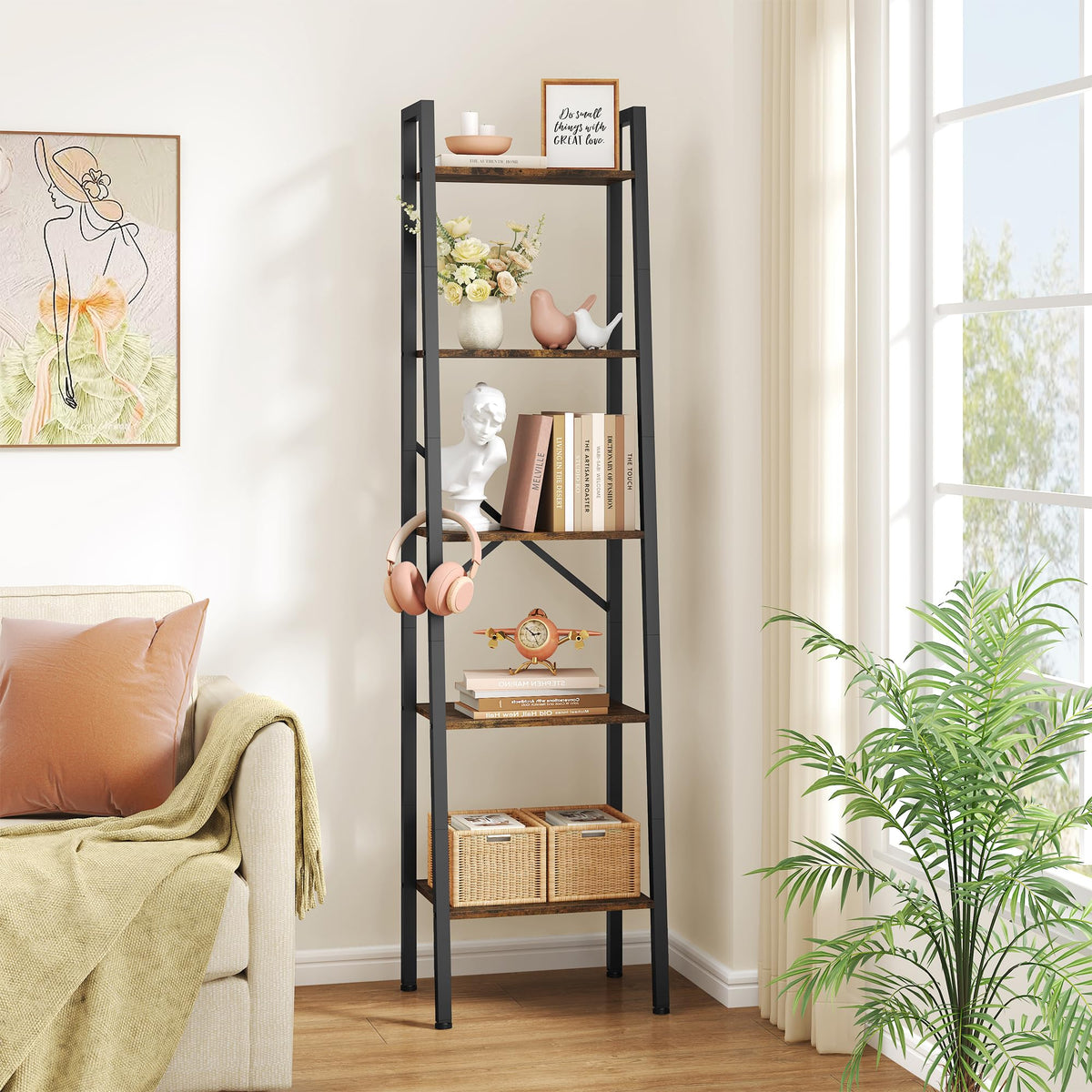 5-Tier Rustic Brown Metal Ladder Bookshelf T455760