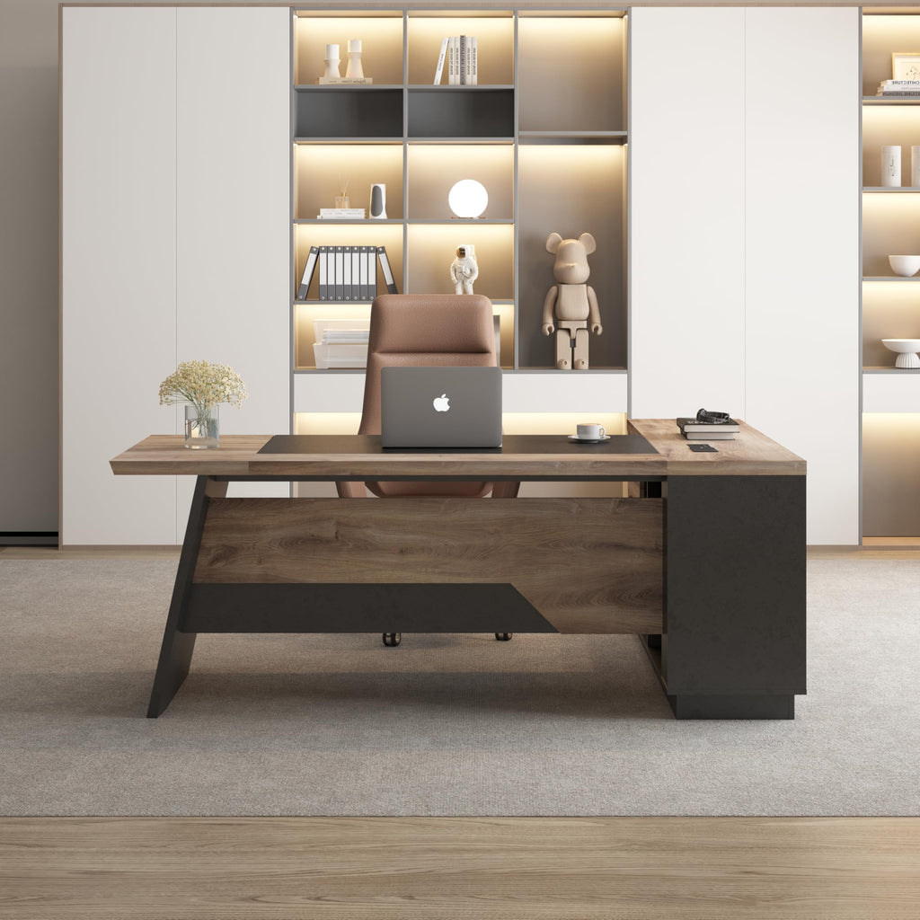 Black and Wood L Shape Executive Desk with Drawers and Shelves O2530