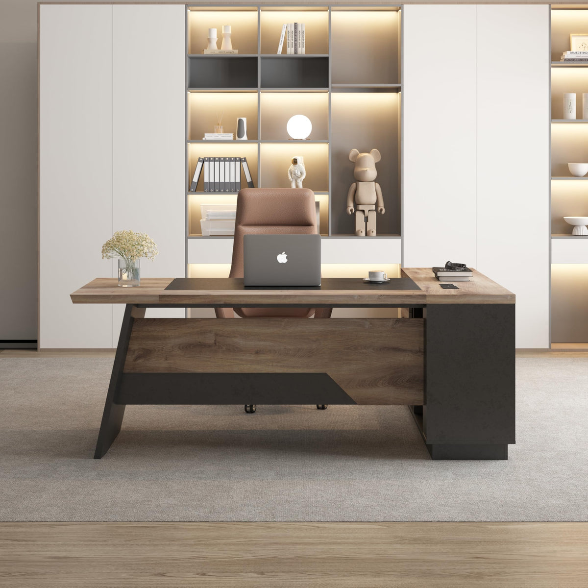 Black and Wood L Shape Executive Desk with Drawers and Shelves O2530