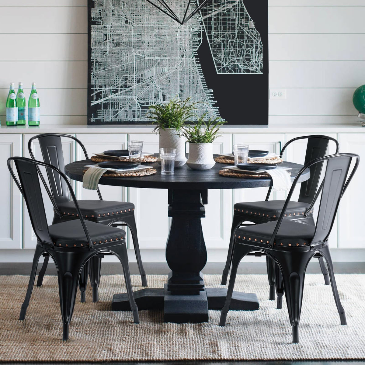 Black Cushioned Metal Dining Chairs Set of 4 W9889