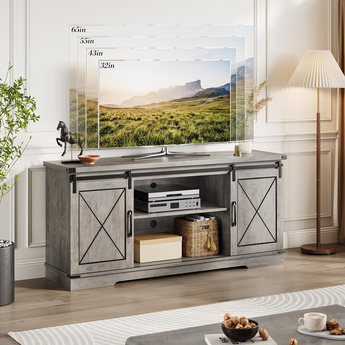 Farmhouse TV Stand 65+ inch with Sliding Barn Doors and Storage Cabinets C537