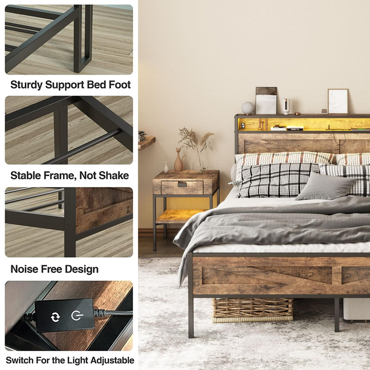 Queen Size LED Metal Platform Bed Frame with Charging Station R2801