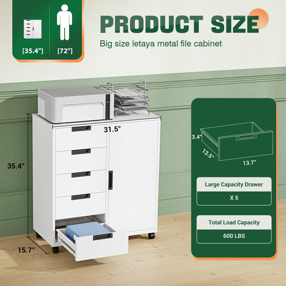 White 5 Drawer Storage Cabinet with Shelves and Door L43280