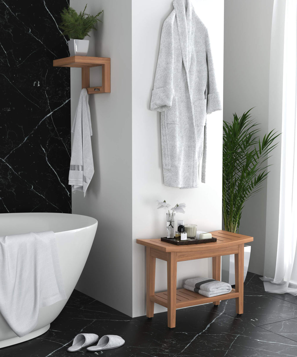 24" Teak Shower Bench with Shelf P497328