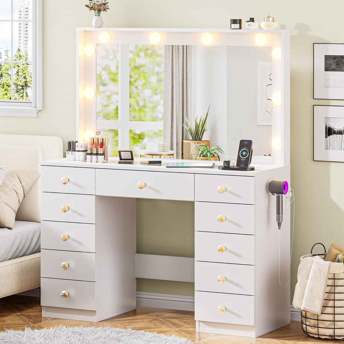 White Vanity Desk with Mirror 10 LED Lights 11 Drawers S101