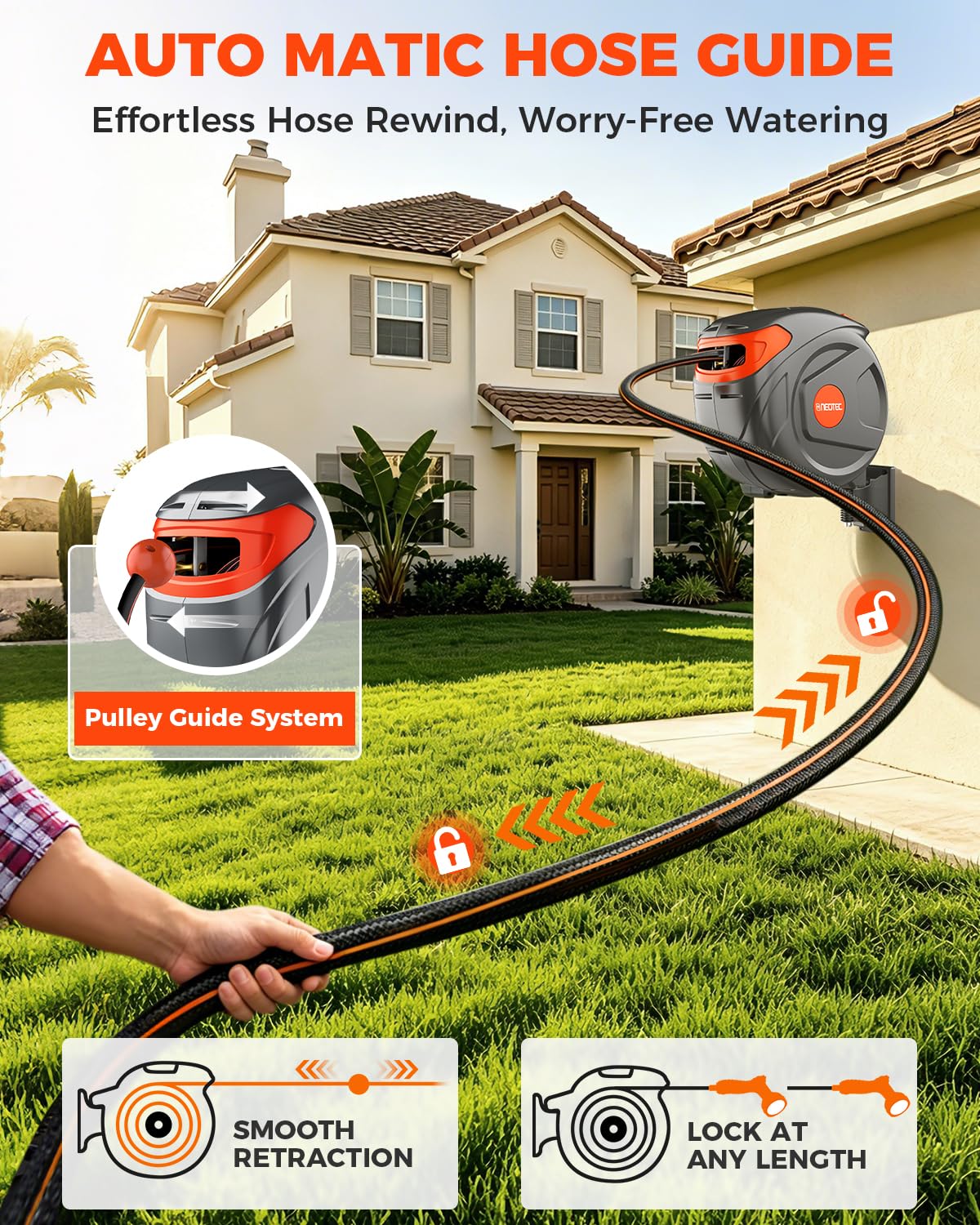 Retractable Garden Hose Reel 100 ft 1/2 Inch with 3-Layer PVC Hose C3000