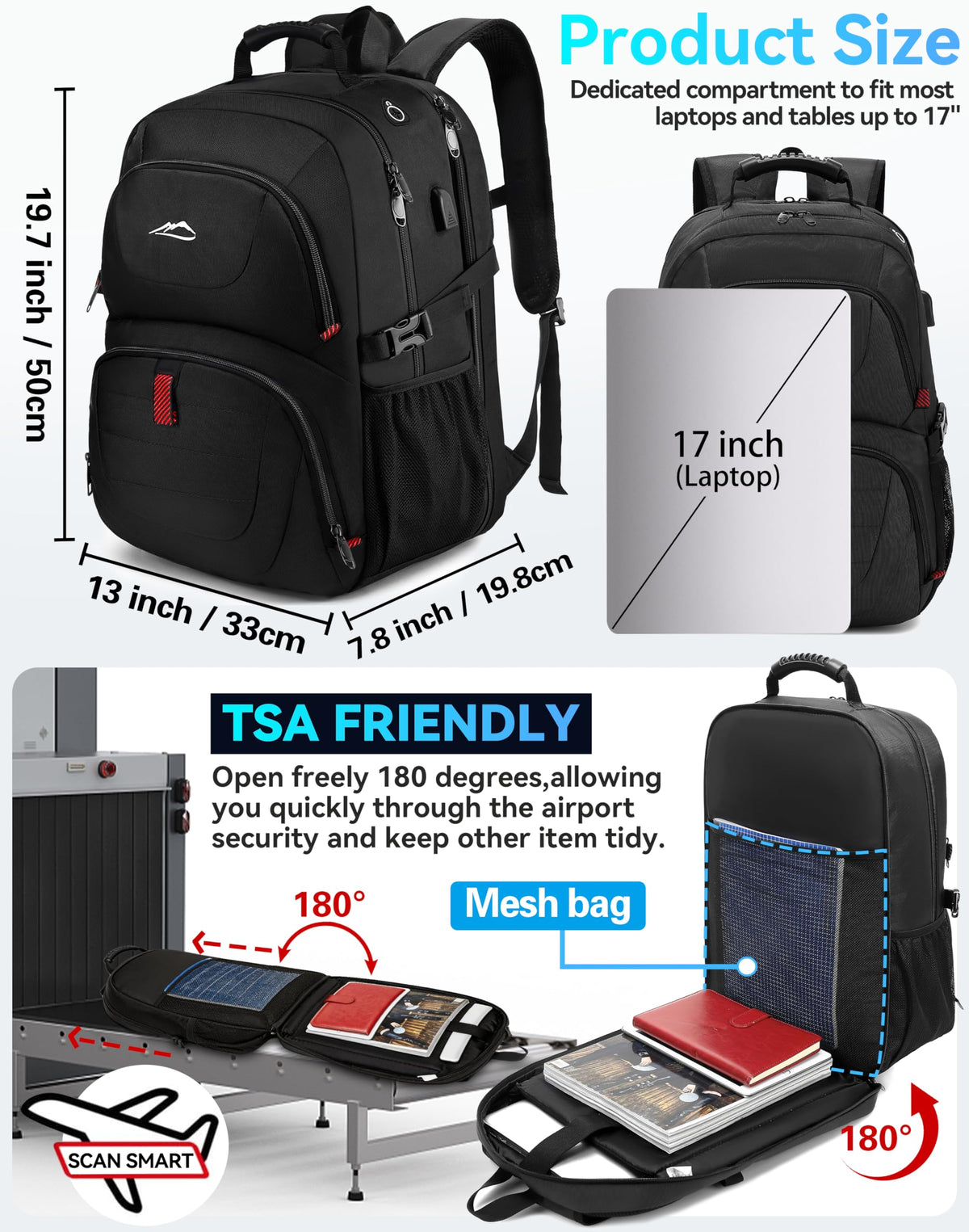 Extra Large Black Laptop Backpack with USB Charging Port R210