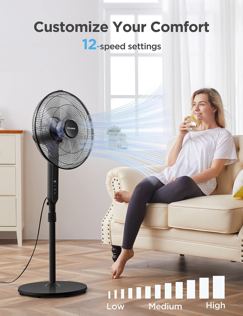 16" Oscillating Pedestal Stand Up Fan, Adjustable Height, Ultra Quiet DC Motor, Remote Control, 12 Speed, Black L355665