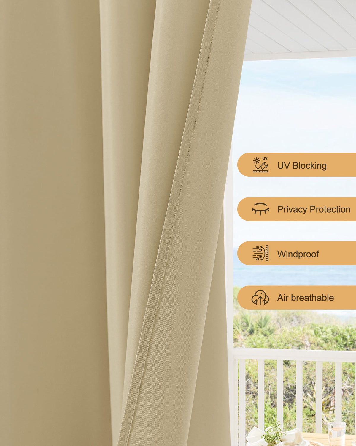 Waterproof Rod Pocket Outdoor Curtains 6 Pcs 54x84 Inch Cream M60779