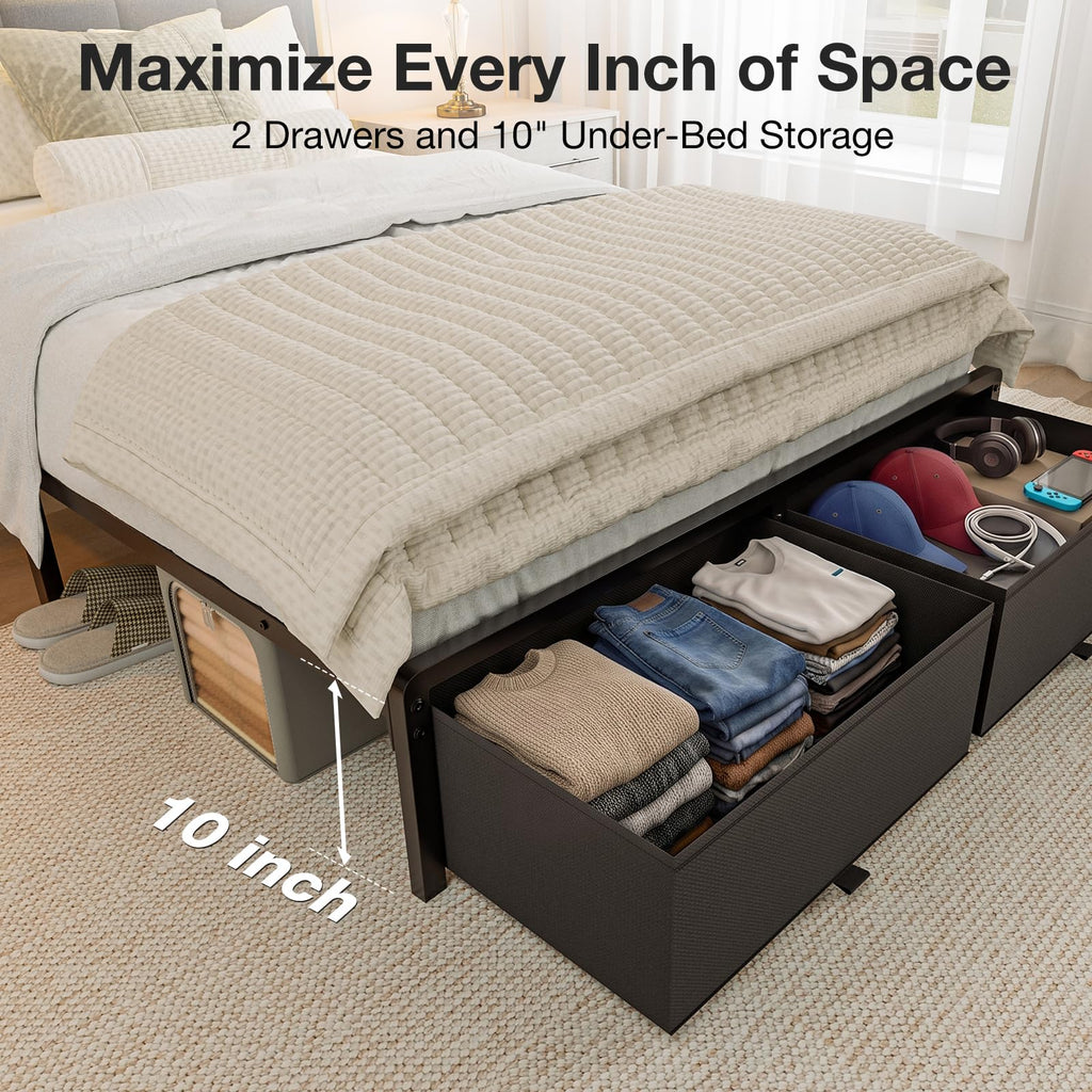 Grey Upholstered Twin Bed Frame with 2 Storage Drawers M85085