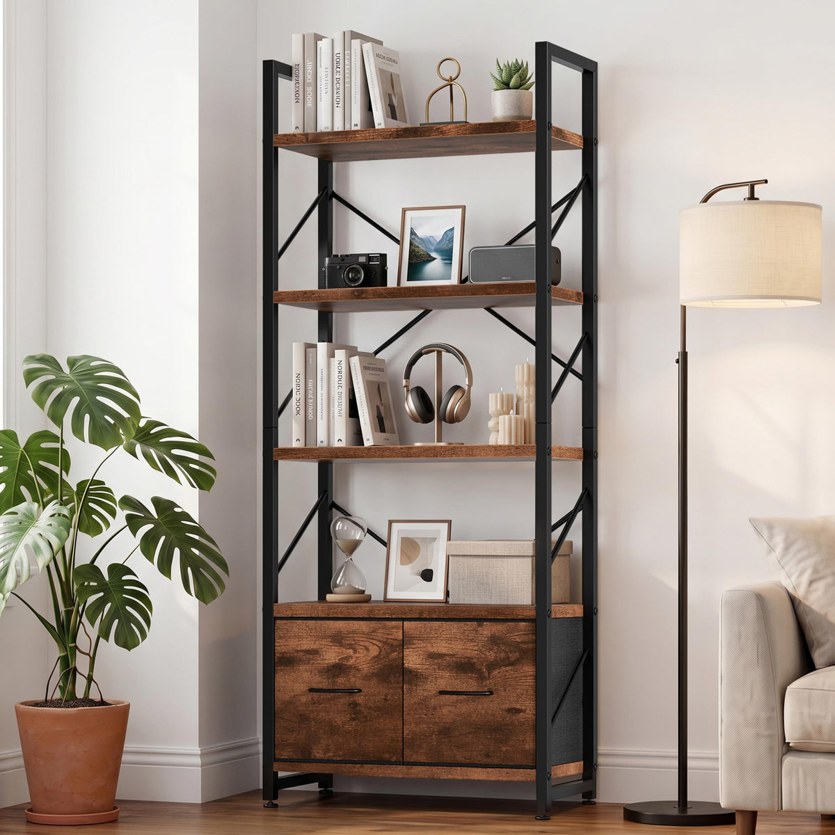 5 Tier Wood Bookshelf with Drawer I382382