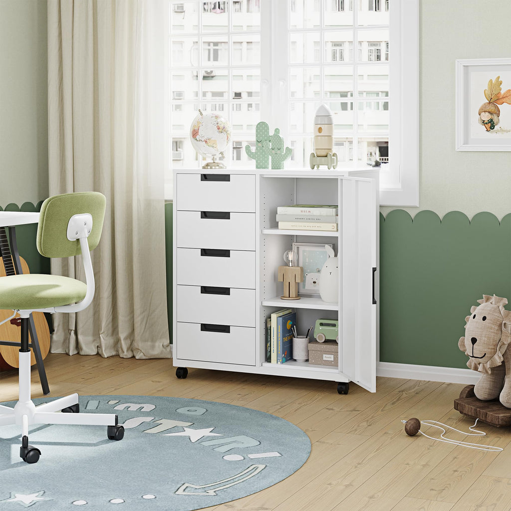 White 5 Drawer Storage Cabinet with Shelves and Door L43280