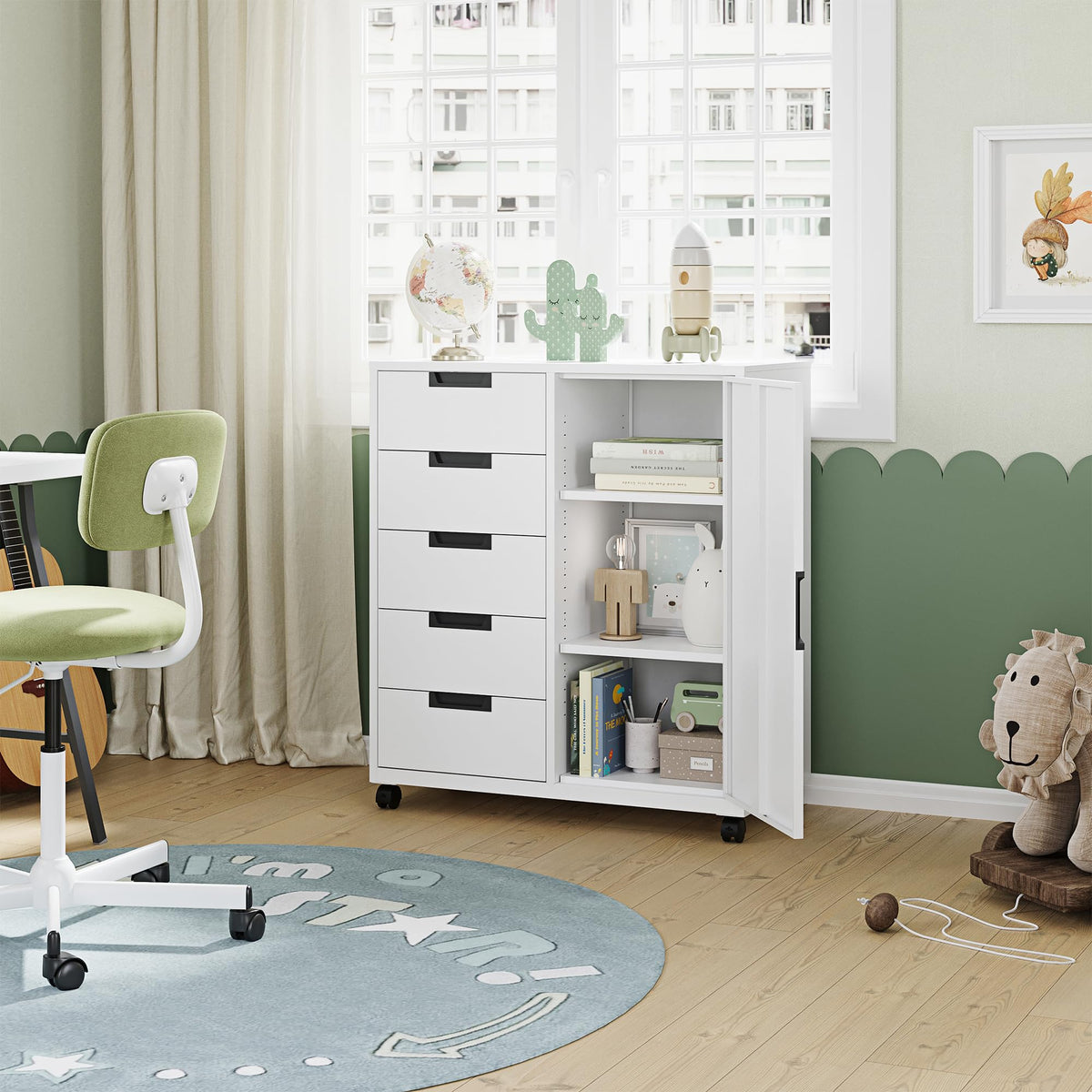 White 5 Drawer Storage Cabinet with Shelves and Door L43280