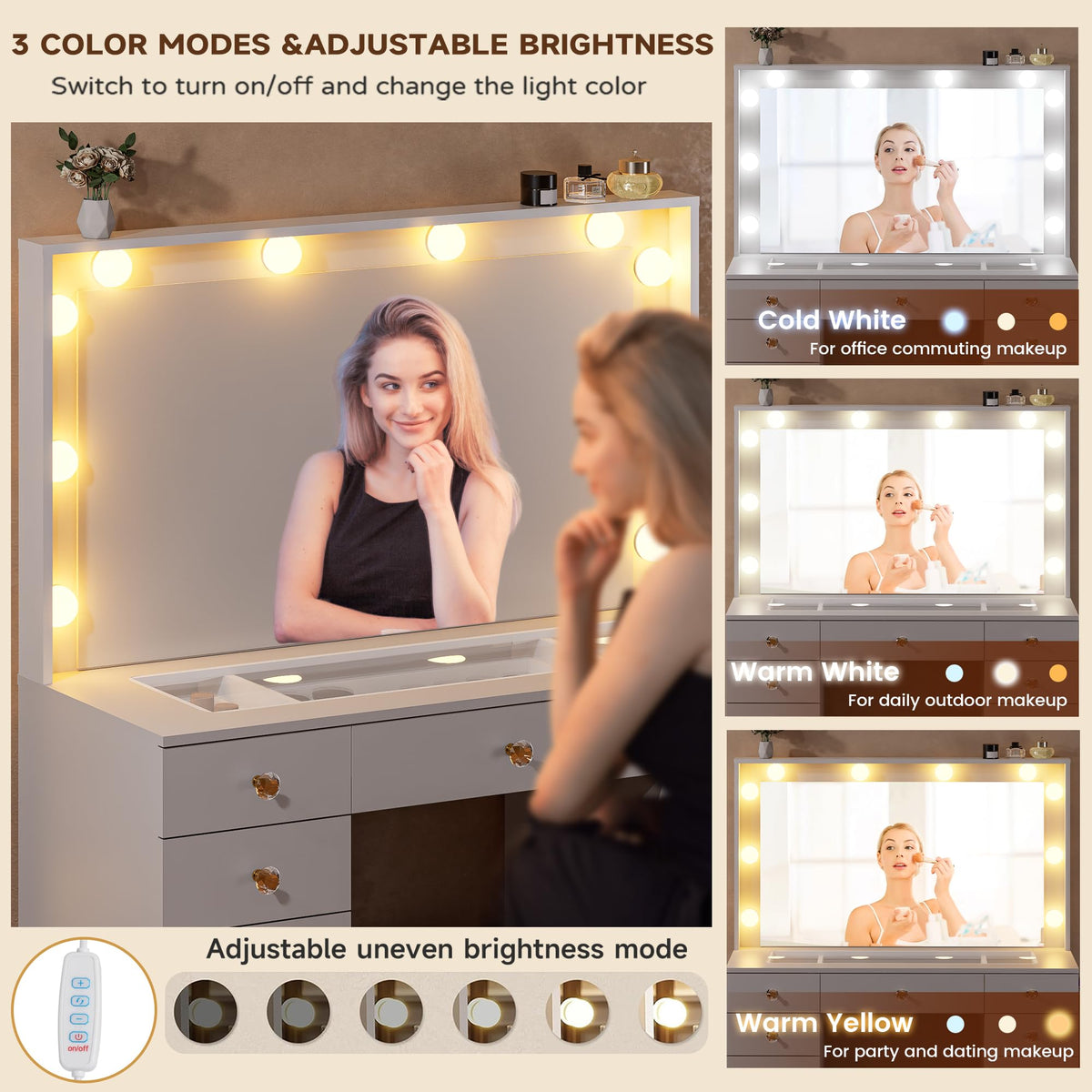 White Vanity Desk with Mirror 10 LED Lights 11 Drawers S101