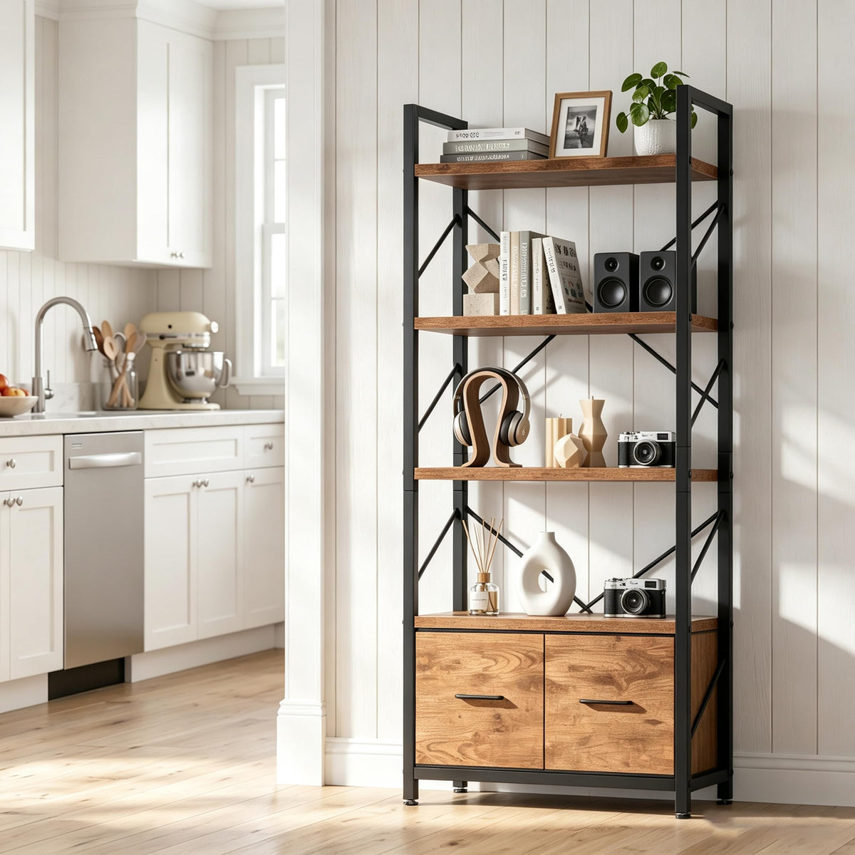 5 Tier Wood Bookshelf with Drawer I382382
