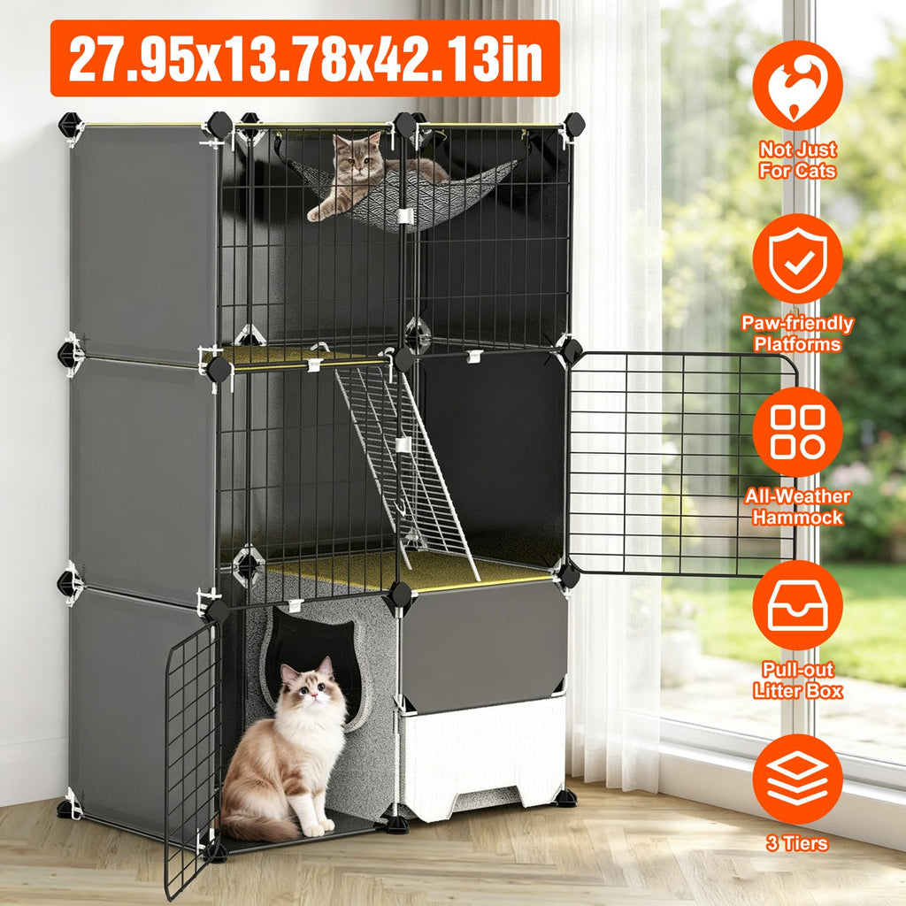 3-Tier Cat Cage with Litter Box, Hammock & Ladders Y590865