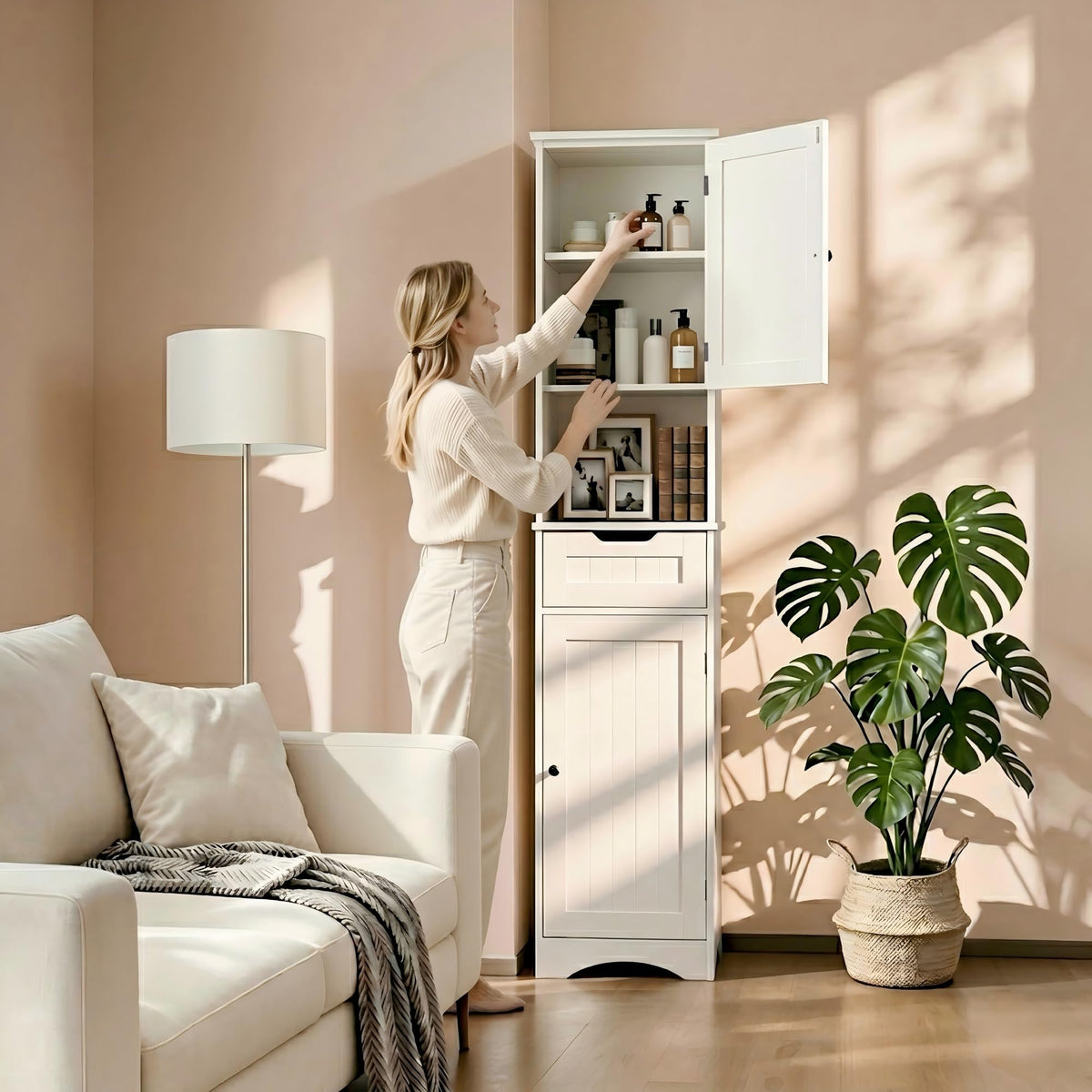 67” H Tall White Bathroom Storage Cabinet O120910