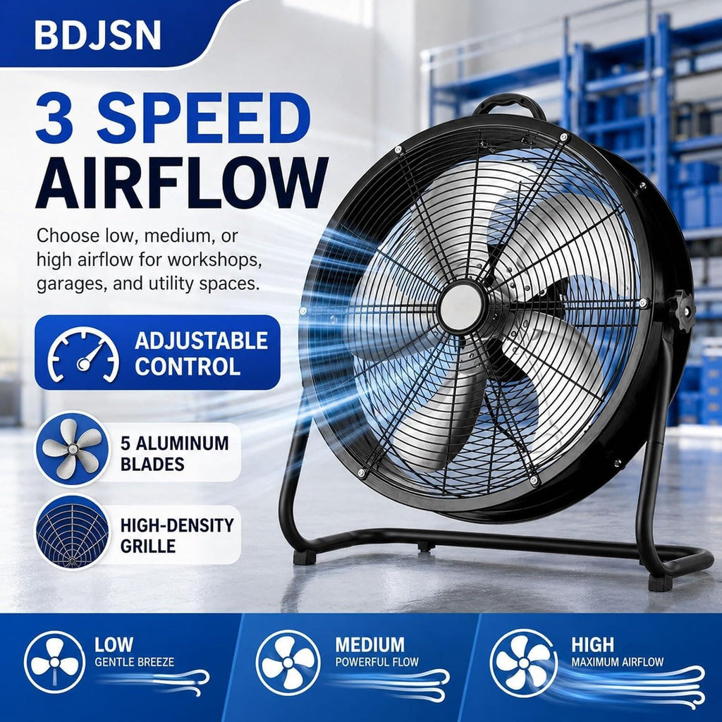 Industrial Drum Fan, High Velocity Air Circulator with 5 Aluminium Blades, 3-Speed Adjustable Tilt Metal Floor Fan T484