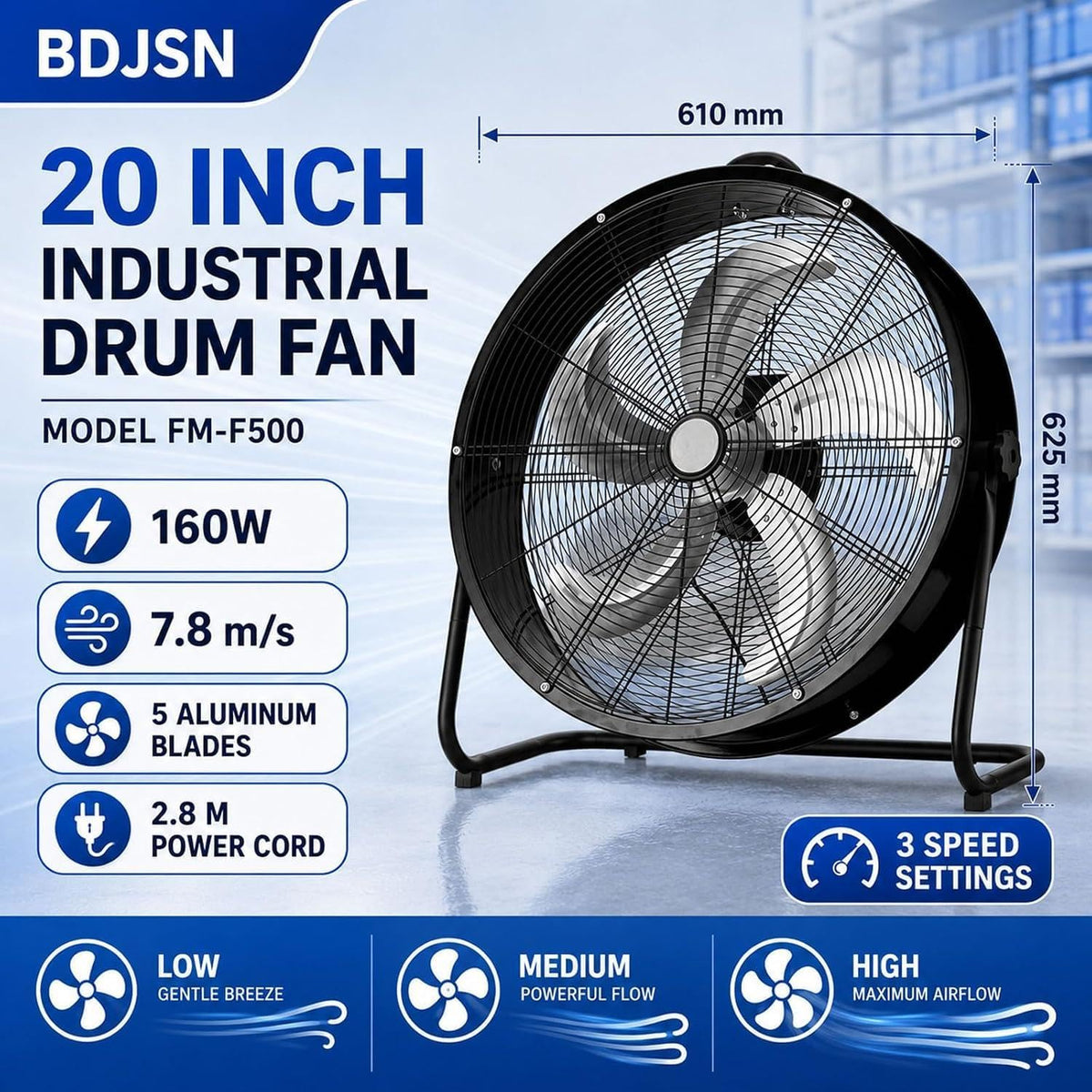 Industrial Drum Fan, High Velocity Air Circulator with 5 Aluminium Blades, 3-Speed Adjustable Tilt Metal Floor Fan T484