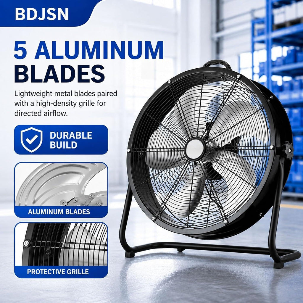 Industrial Drum Fan, High Velocity Air Circulator with 5 Aluminium Blades, 3-Speed Adjustable Tilt Metal Floor Fan T484