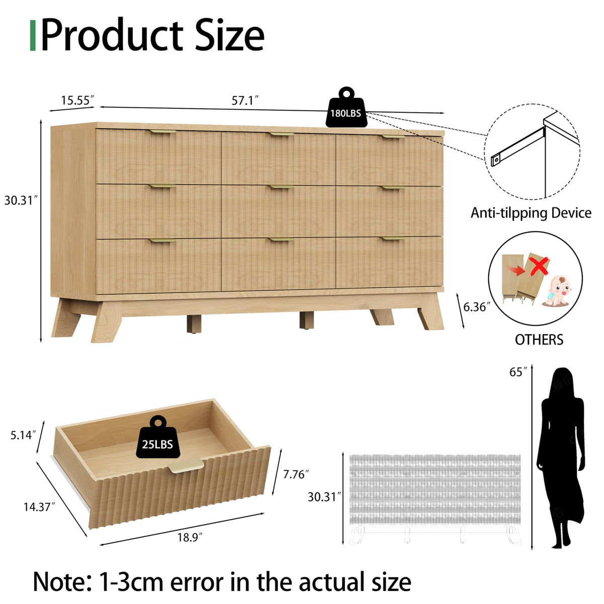 Natural Oak 9 Drawer Fluted Wood Dresser G22715