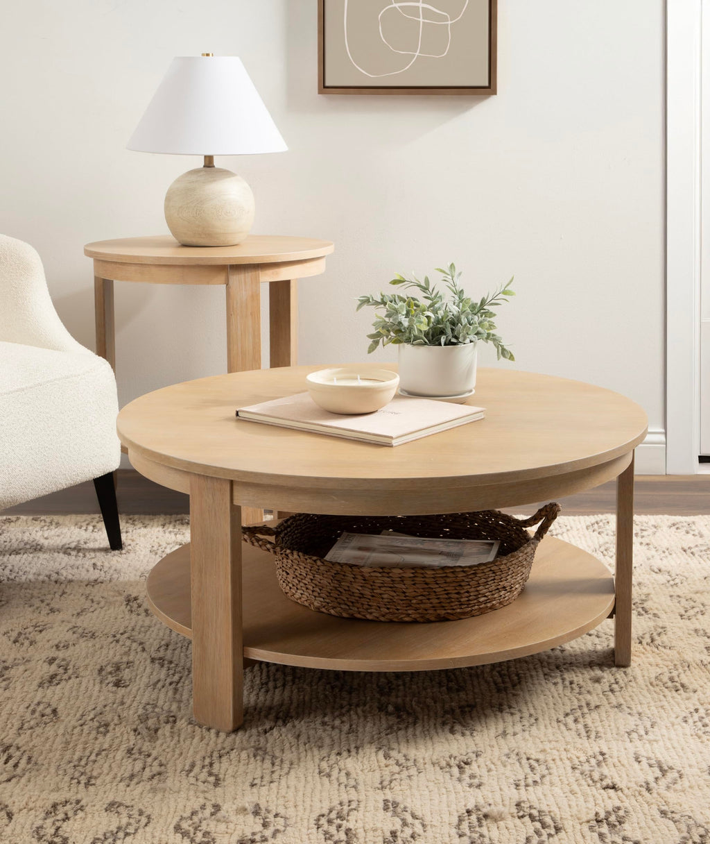 Round Two-Tier Wood Coffee Table with Storage V7170