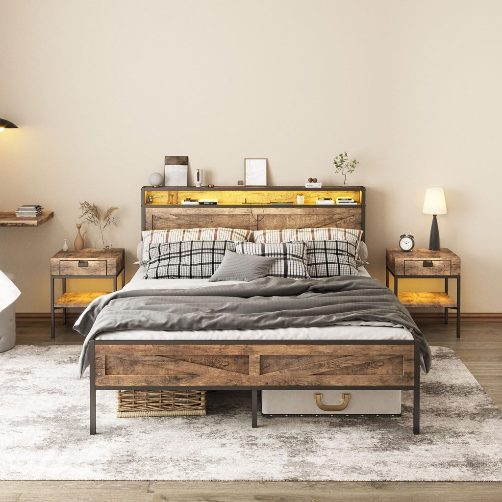 Queen Size LED Metal Platform Bed Frame with Charging Station R2801