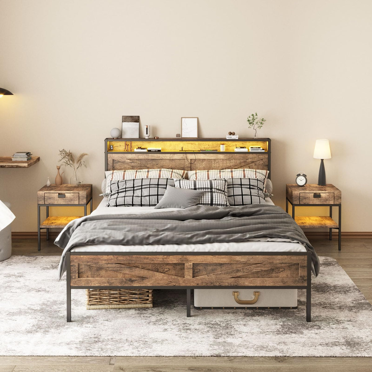 Queen Size LED Metal Platform Bed Frame with Charging Station R2801