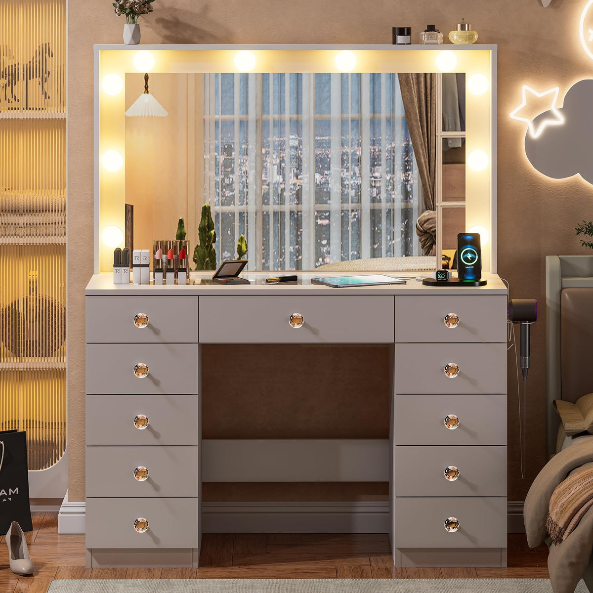 White Vanity Desk with Mirror 10 LED Lights 11 Drawers S101