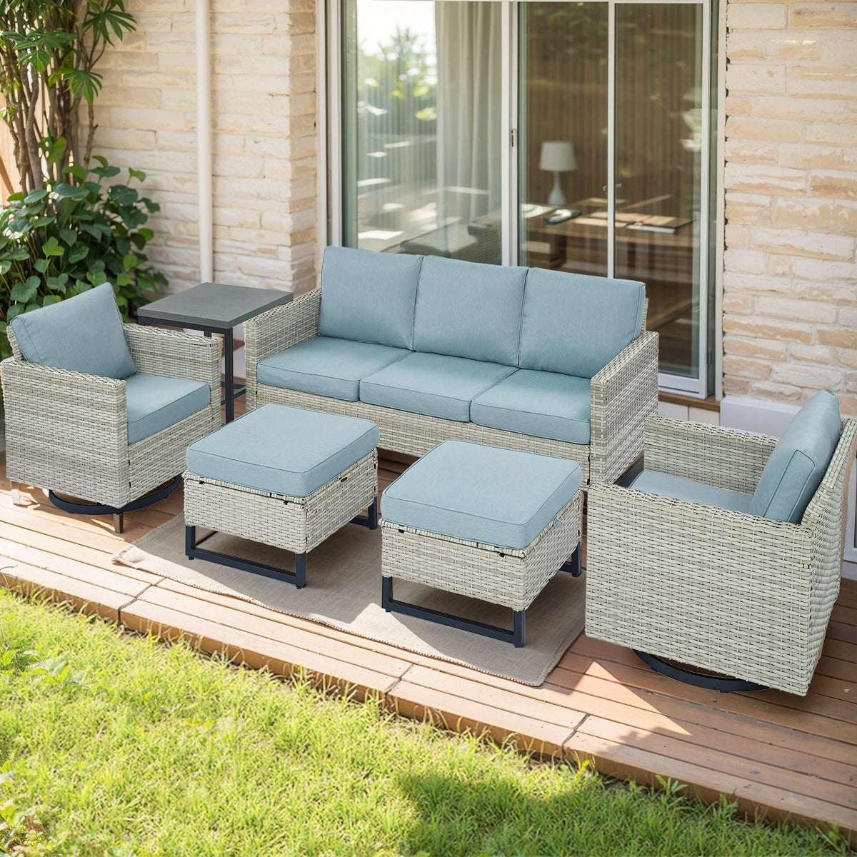 6 Piece Wicker Patio Conversation Set with Swivel Rocker Chairs and Ottoman G52640