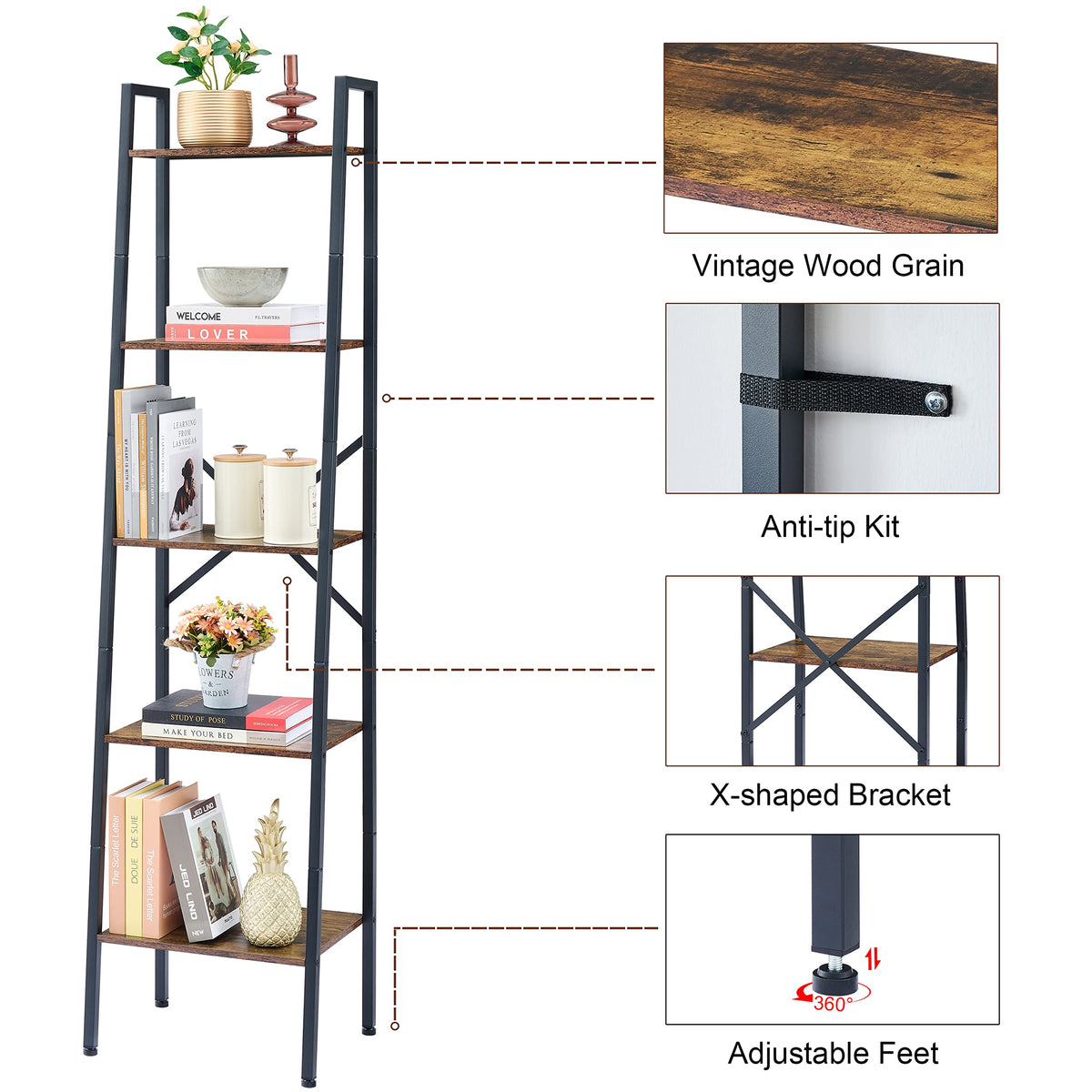 5-Tier Rustic Brown Metal Ladder Bookshelf T455760