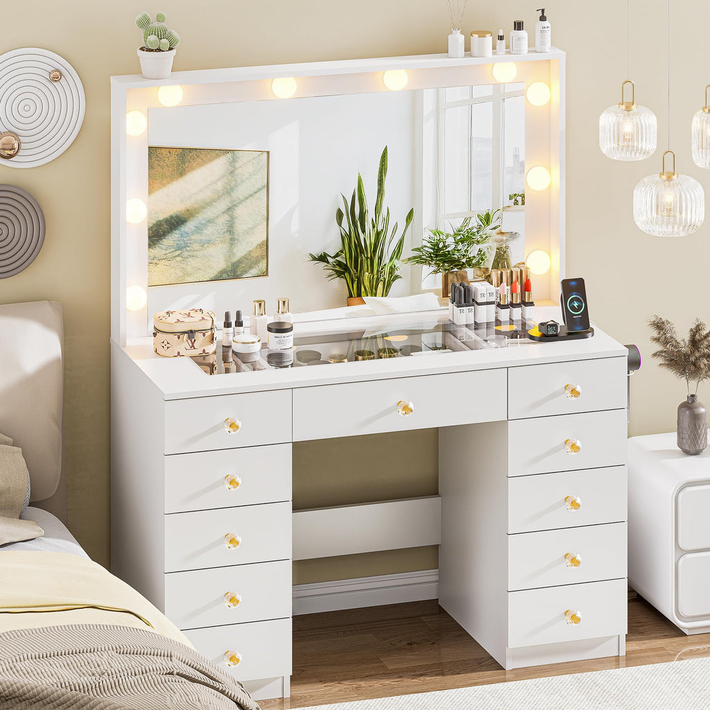White Vanity Desk with Mirror 10 LED Lights 11 Drawers S101