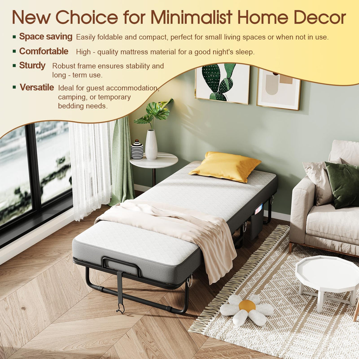 Folding Bed with Mattress, Memory Mattress Metal Frame Single Bed B79422