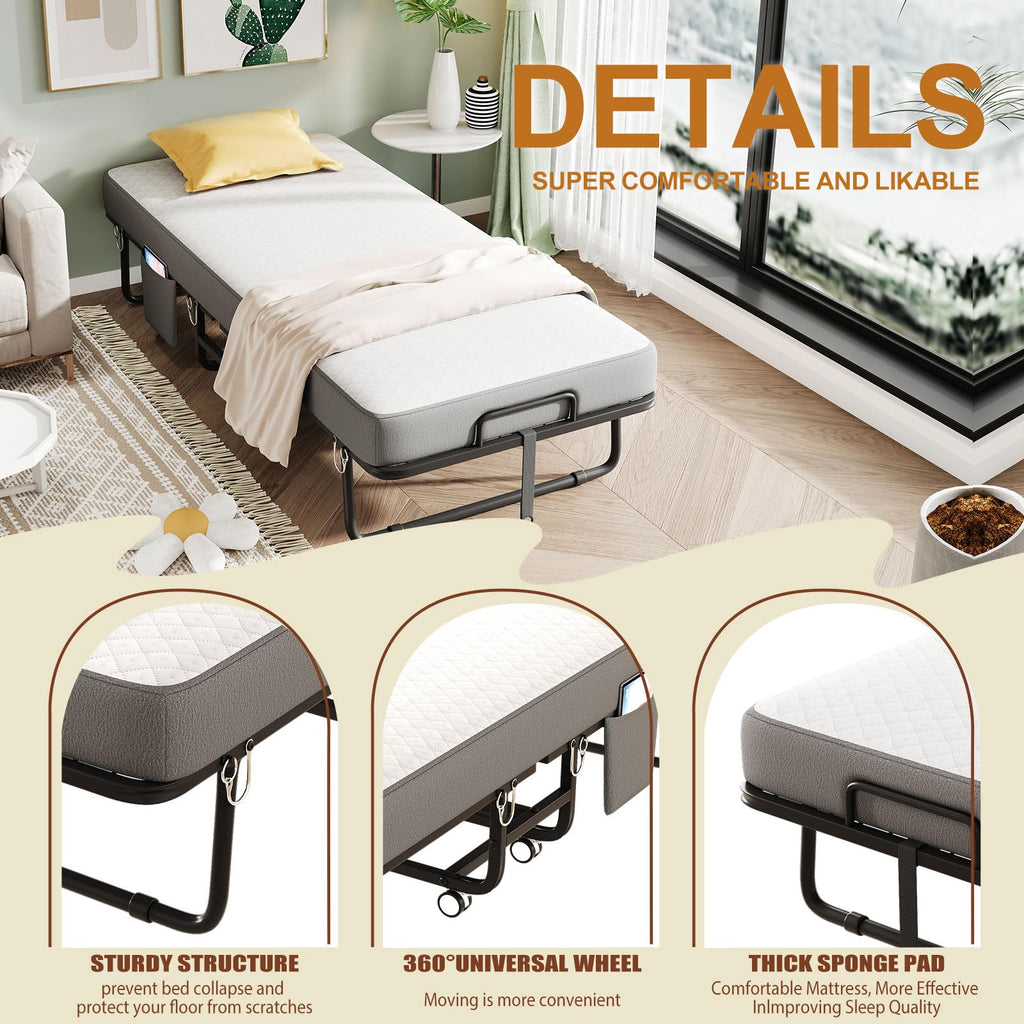 Folding Bed with Mattress, Memory Mattress Metal Frame Single Bed B79422