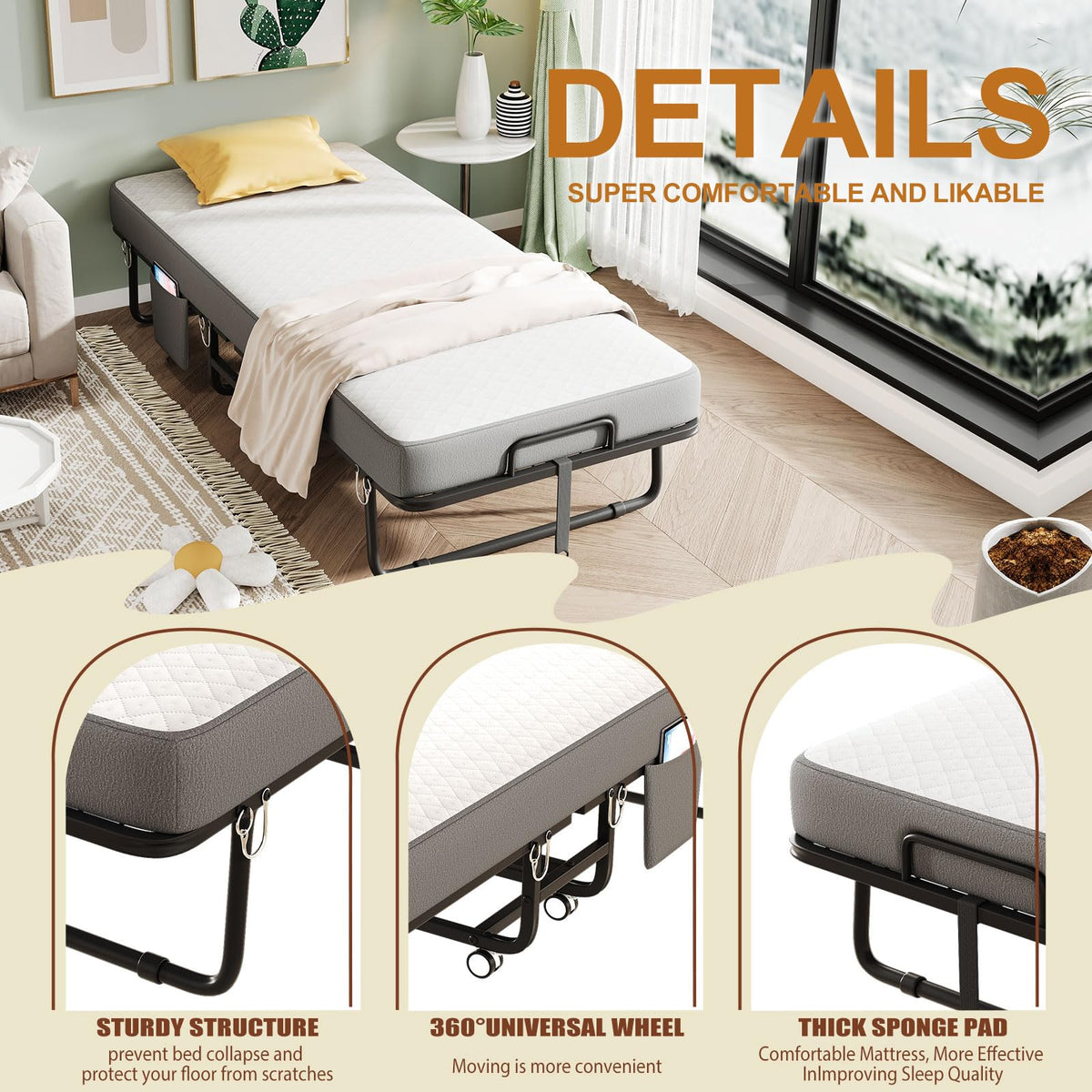 Folding Bed with Mattress, Memory Mattress Metal Frame Single Bed B79422